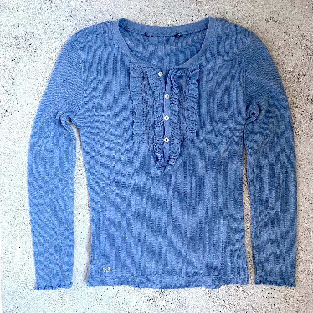 Vintage Y2K Ralph Lauren Waffle Knit Ruffle Henley Top Girls XL Cottagecore Boho